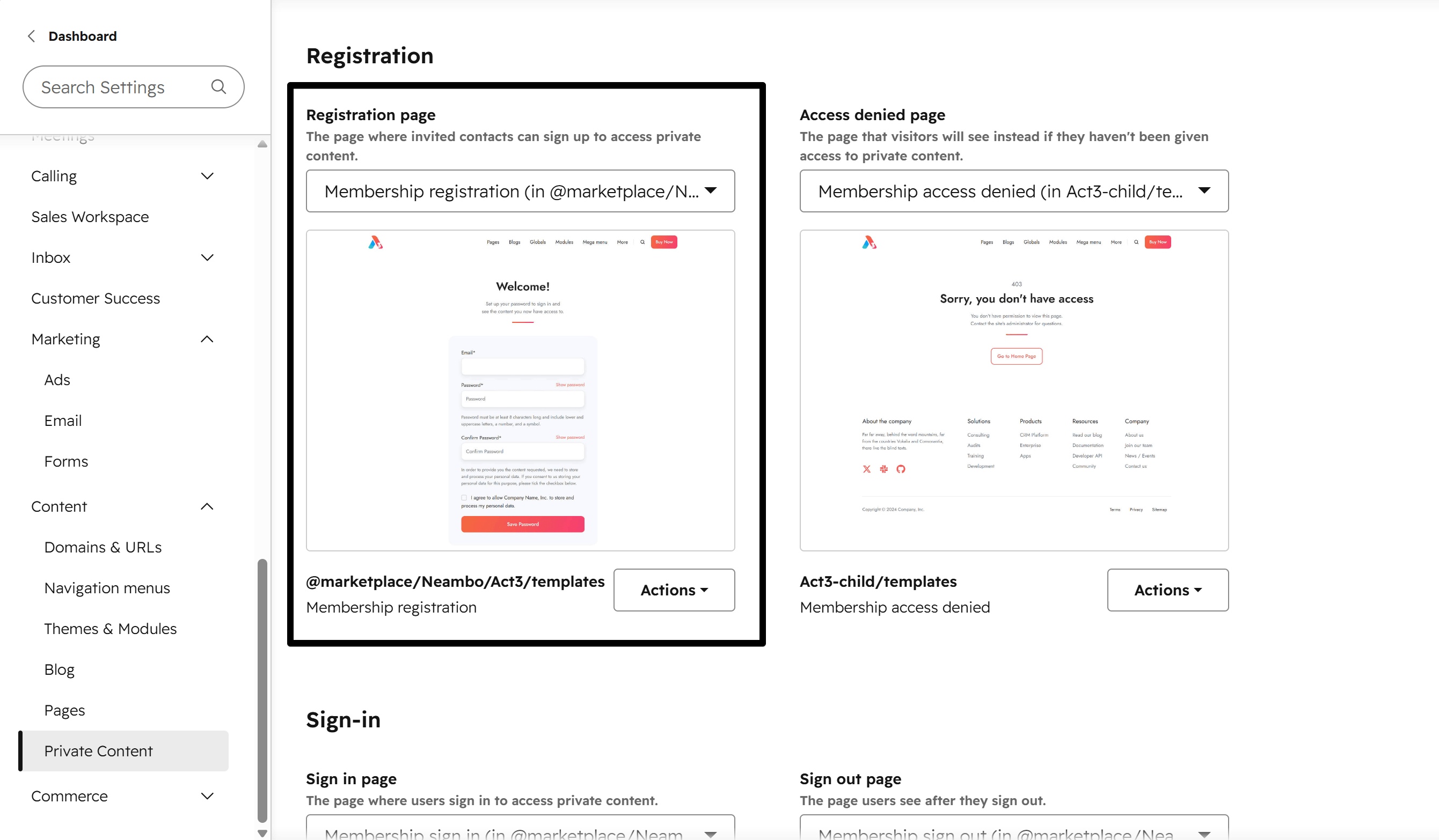 Act3 Membership Pages Settings Registration