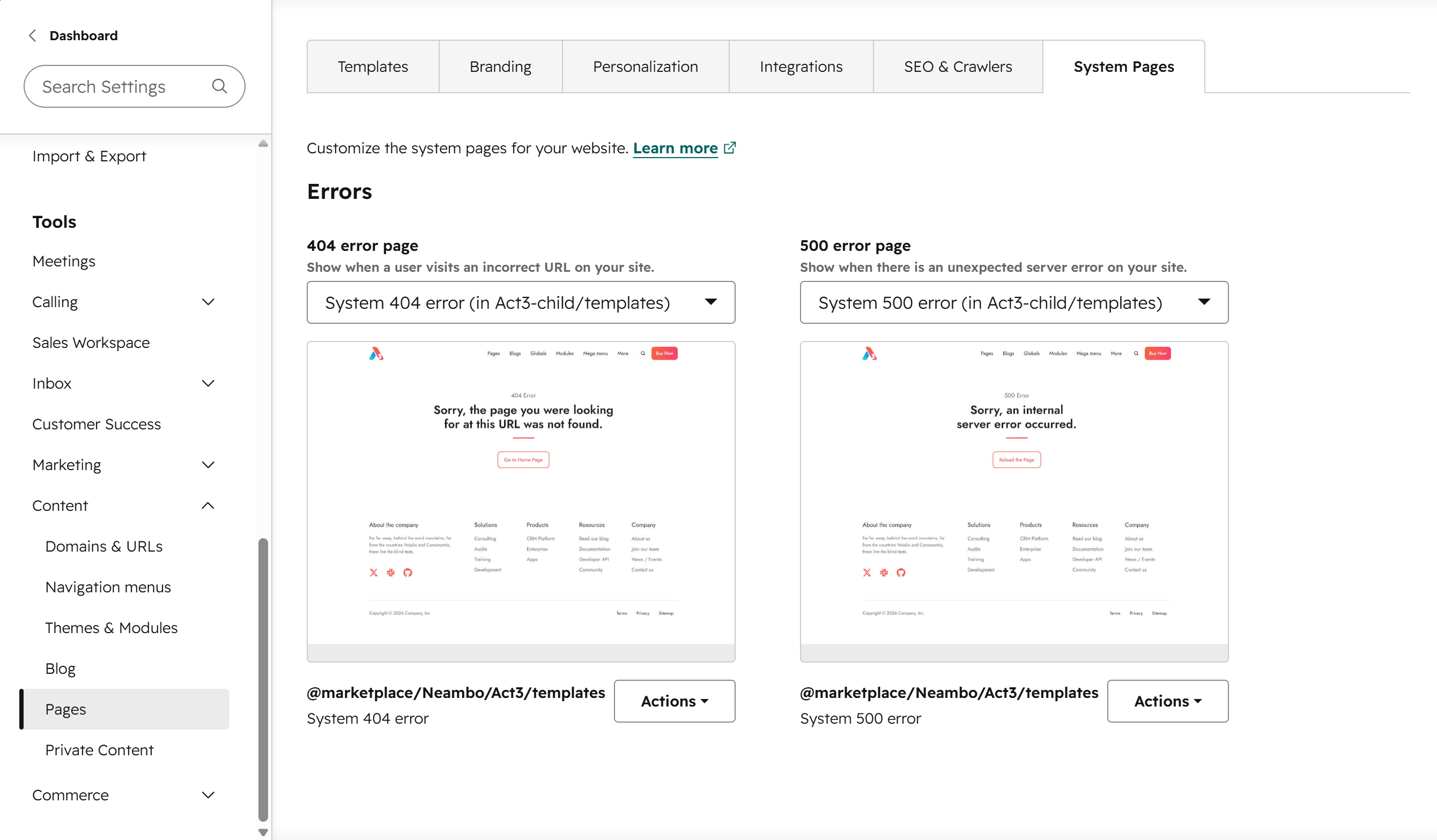 Act3 System Page Templates