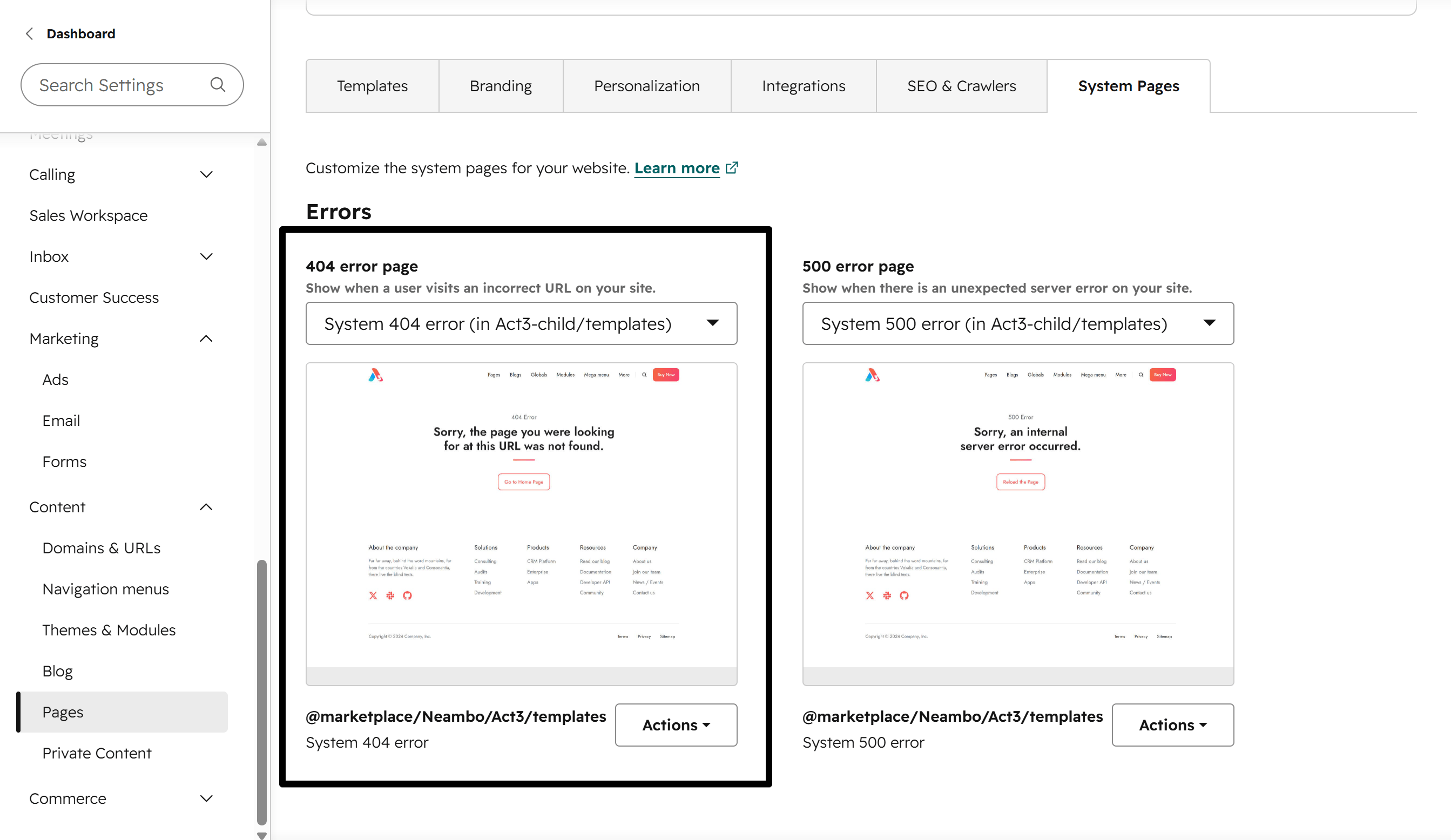 Act3 System Pages Settings 404 Error