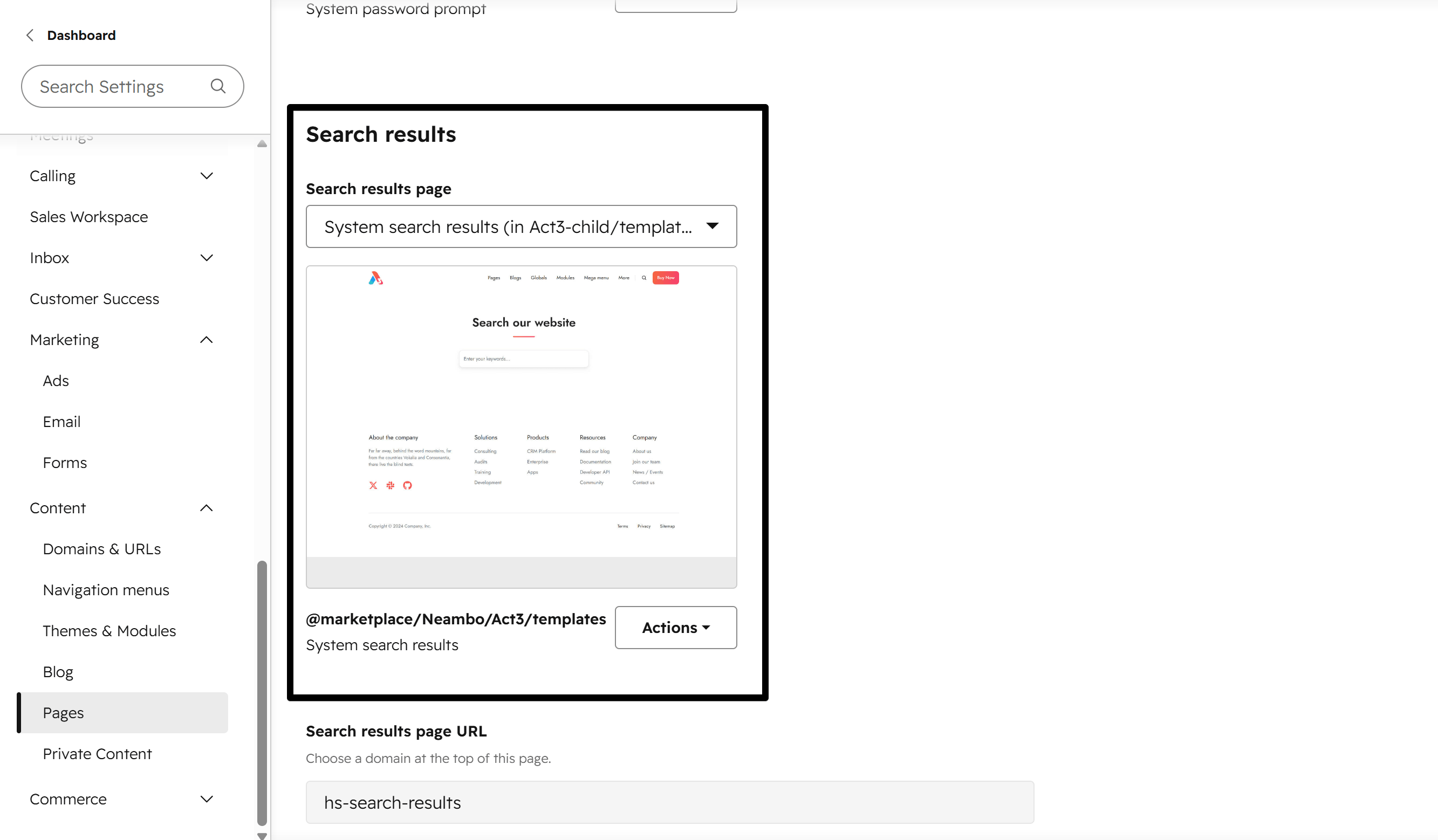 Act3 System Pages Settings Search Results
