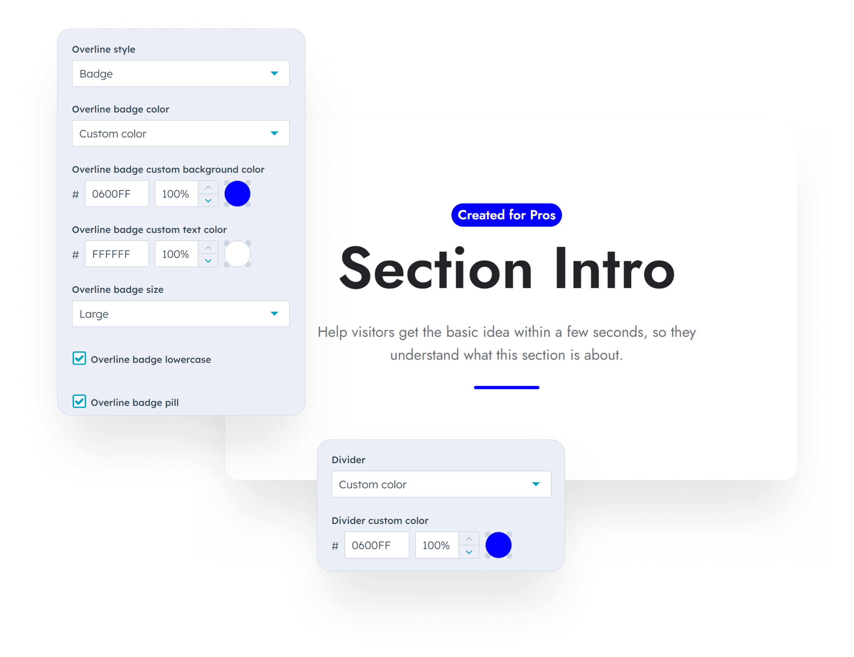 Act3 V35 Section Intro Overline Badge Divider Custom Color