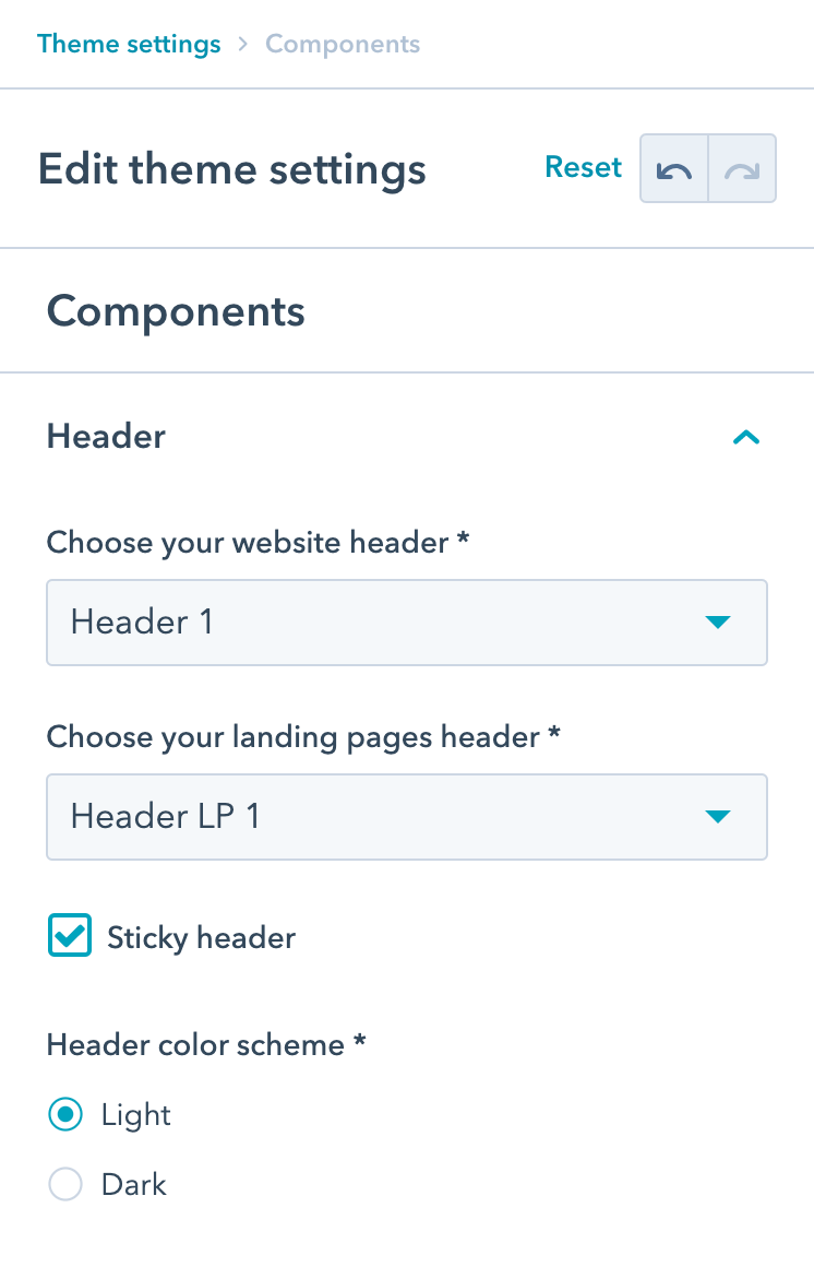 Act3 Theme settings > Components > Header