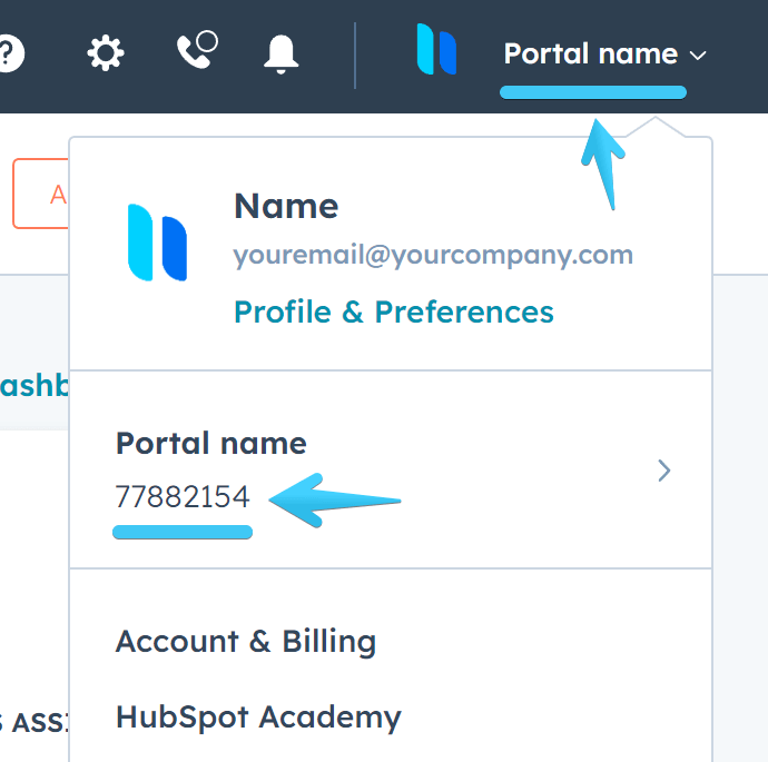 HubSpot portal name and ID