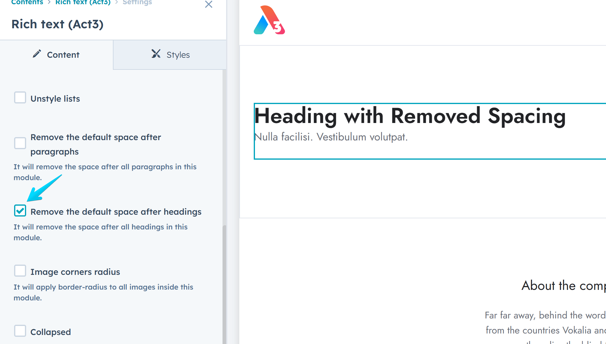 Act3 - Rich text - Remove the default space after headings