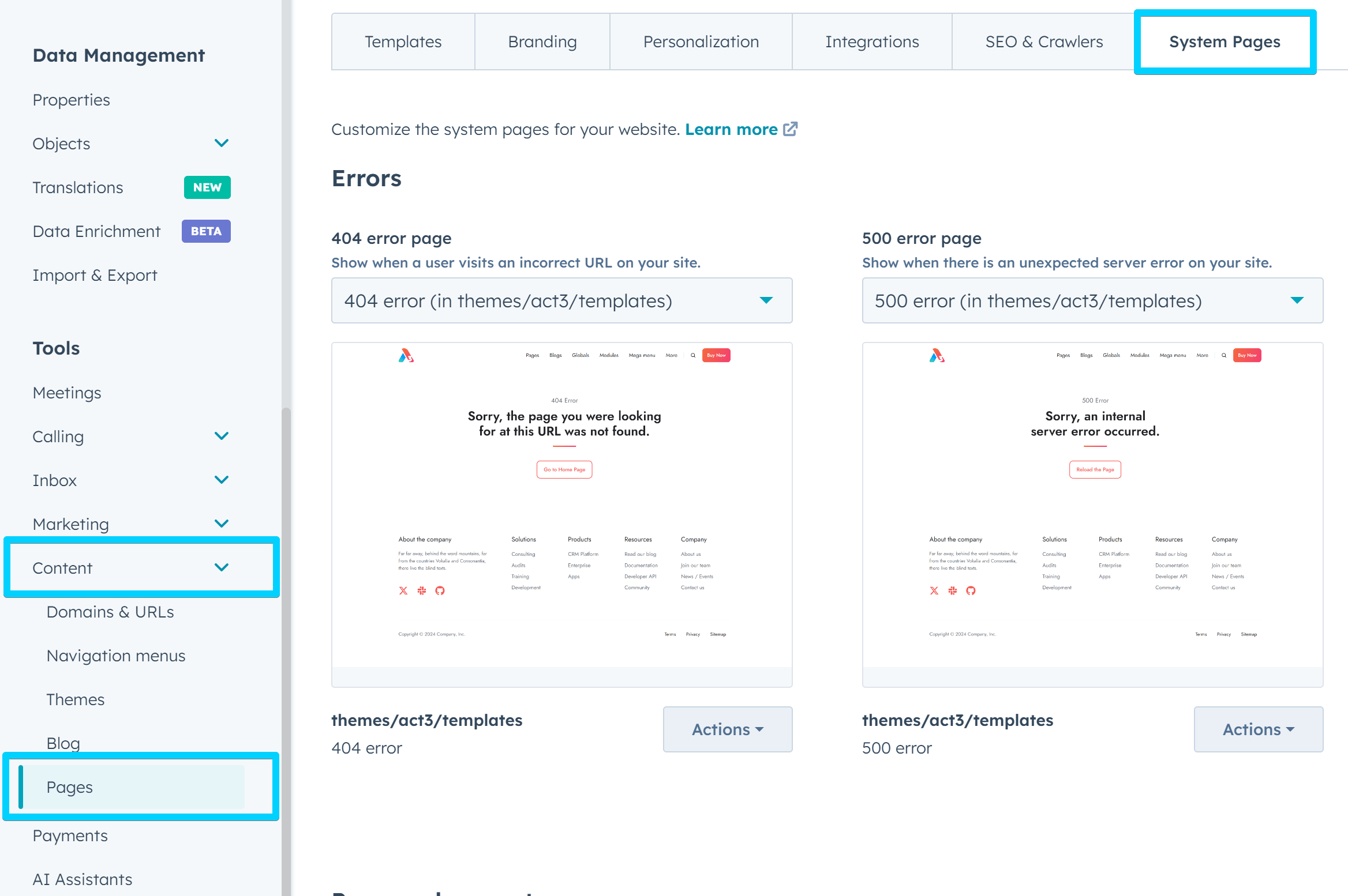 Act3 - Select system page templates