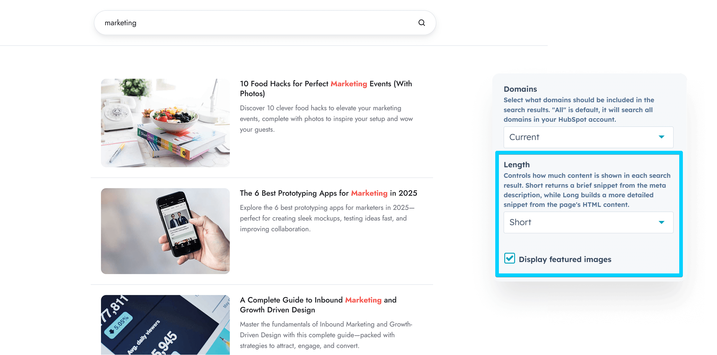 Site search featured image and length options